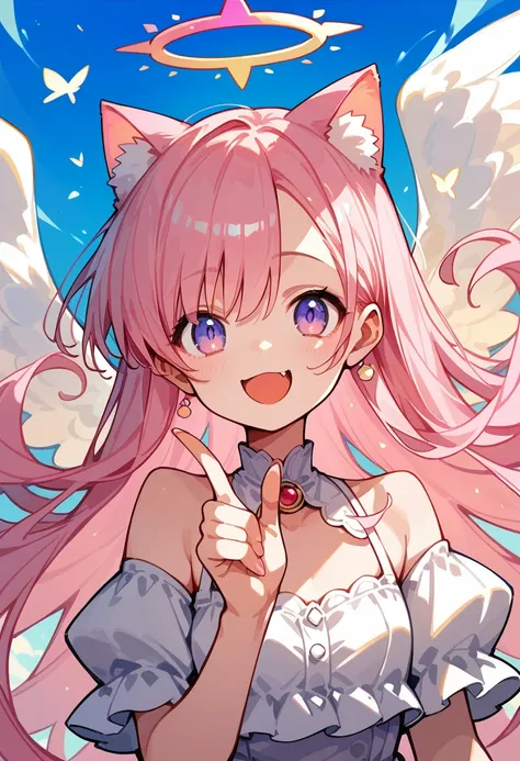 masterpiece,best quality,ultra detailed,
(anime style hyper kawaii character),
1 girlish boy,pink hair,long hair,cat ears,cat tail,angel wing, halo,open mouth smile,Evening greetings,