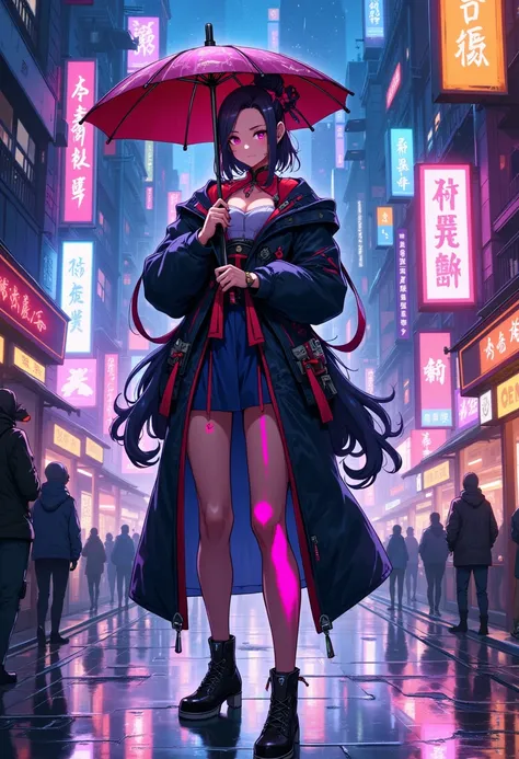 （Best Quality）、（masterpiece）、illustration、cartoon，一个中国女孩穿着Cyberpunk服装、（Umbrella）、（Cyberpunk，Chinese Clothing）、Hair accessories、Bright colors、Dynamic Lighting、Neon、Shining city skyline、Holographic projection、The future of fashionable shoes、Combination of tr...