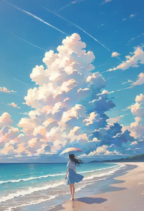 one woman,pastel,in front of the sea,standing on the beach,blue sky,large cumulonimbus cloud,view from afar,a touching scene