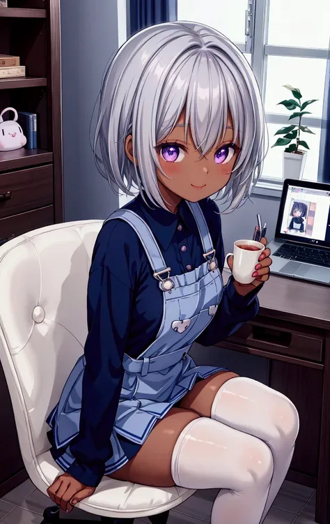 Create a scene of a cute, dark-skinned anime girl with short silver hair and deep purple eyes, dressed in her navy blue and white outfit with thigh-high stockings. She is sitting at her desk, smiling playfully at the camera while holding a notebook with do...