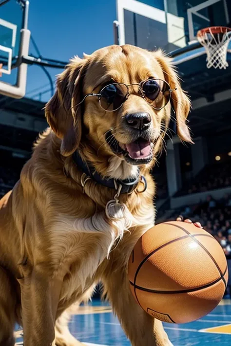 a golden with sunglasses playing basketball