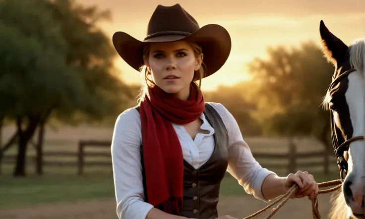 a young woman (25 years old), kate mara, dressed as a sexy cowgirl, no hat, big red scarf around neck, rope and lasso, casually riding a horse, playful flirtatious look as she tries to lasso viewer, farm background, (best quality,4k,8k,highres,masterpiece:...