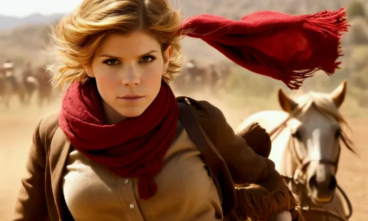 kate mara (age 25, dressed as a sexy cowgirl, no hat, big red scarf around neck, rope and lasso), she is casually riding a horse playful flirtatious look as she tries to lasso viewer. farm, show all of her
