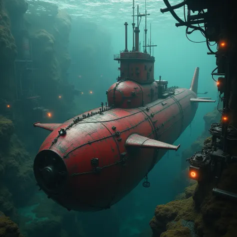 red submarine, dieselpunk, underwater scene, intricate metallic details, rust and weathered surfaces, glowing lights, complex machinery, moody lighting, cinematic composition, dramatic shadows, gritty industrial atmosphere, vibrant color palette, photoreal...