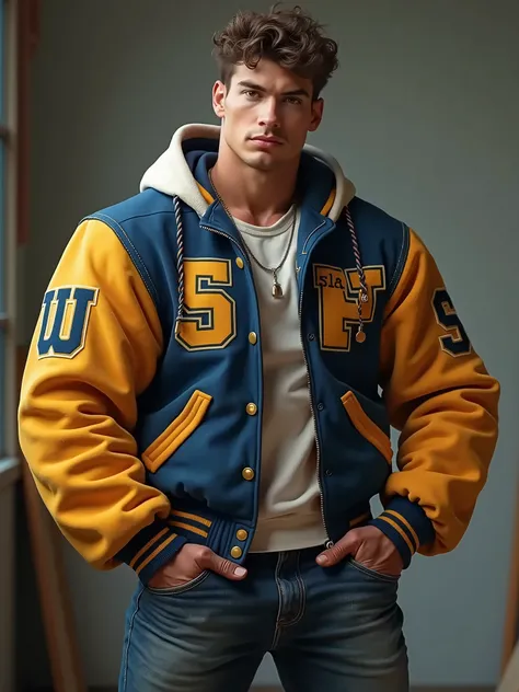 A muscular jock wearing his iconic letterman jacket while flexing his enormous bulging biceps