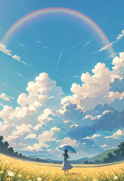 one woman,pastel,standing in a field,clear skies,blue sky,umbrellas fly in the sky,not a single cloud,bright sky,a rainbow in th...