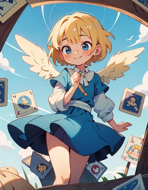 baby angel, blond short hair, shy smile, soft blue sky, cloud, heaven, tarot card