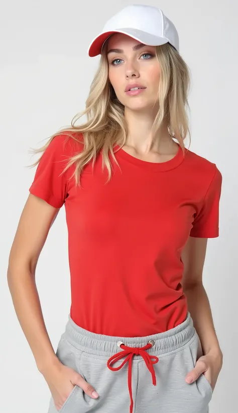 a woman wearing a red shirt and grey sweatpantss and a white hat, red t-shirt, red shirt, short sleeves, wearing red clothes, red clothes, wearing a t-shirt, long hair and red shirt, wearing a red outfit, tight shirt, wearing red, light stubble with red sh...