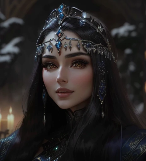 close up of woman in headdress smiling, Maya Ali like D&d Sorcerer, Lúthien, Maya Ali, like D&d Sorcerer, as a medieval fantasy character, ((beautiful fantasy empress)), beautiful sorceress, Olivia Culpo as Milady de Winter