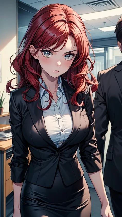 ((((masterpiece, best quality:1.8, high detail)))), (1girl), beautiful angry business woman, solo focus, long wavy hair, red hair, (black blazer), (black midi pencil skirt), ((long skirt)), wide hips, office interior, ((realistic)), ((realism)), ((ultra de...