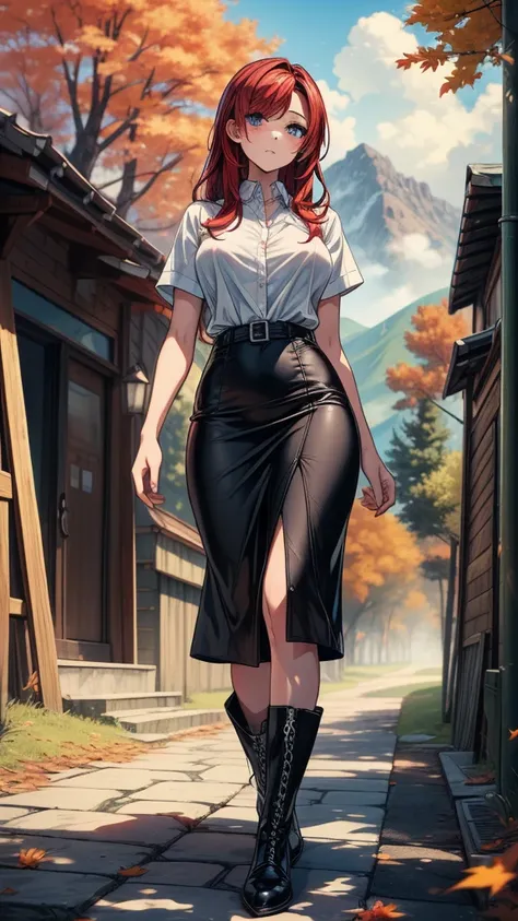 ((((masterpiece, best quality:1.8, high detail)))), (1girl), beautiful woman, large breasts, solo focus, long hair, (red hair), (white button shirt short sleeves open shirt), (black pencil skirt), (long black skirt), boots, slim body, sidewalk, tree, fall,...