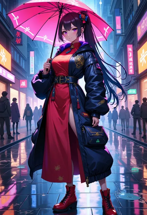 （Best quality）、（masterpiece）、illustration、Cartoons，一个中国女孩穿着Cyberpunk服装、（umbrella）、（Cyberpunk，Chinese Clothing）、Hair accessories、Vibrant colors、Dynamic Lighting、neon、Shining city skyline、Holographic projection、The future of fashion footwear、Combination of t...