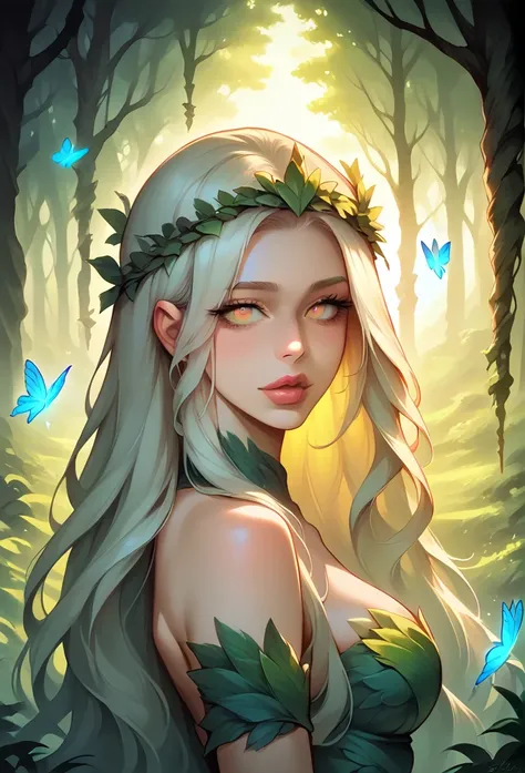 beautiful sexy girl in mystical forest, fantasy forest fairy, elegant flowing dress, long hair, beautiful detailed eyes, beautiful detailed lips, extremely detailed face, longeyelashes, intricate floral crown, glowing butterflies, sunlight streaming throug...