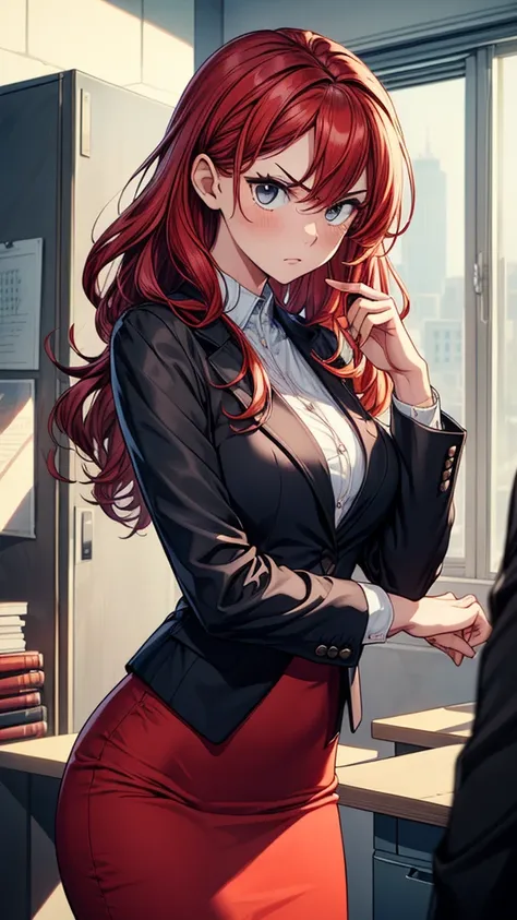 ((((masterpiece, best quality:1.8, high detail)))), (1girl), beautiful angry woman, solo focus, long wavy hair, red hair, (black blazer), (red midi pencil skirt), ((long red skirt)), wide hips, office interior, ((realistic)), ((realism)), ((ultra detailed)...