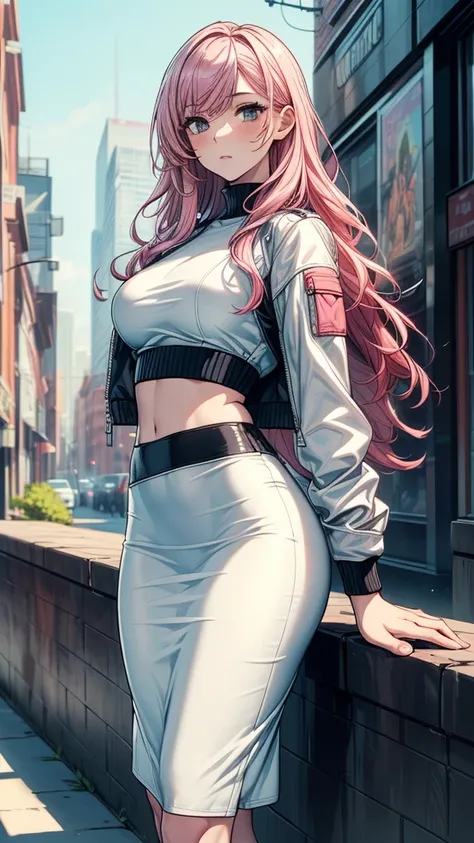 ((((masterpiece, best quality:1.8, high detail)))), beautiful woman, solo focus, long wavy hair, pink hair, white leather jacket and crop top, (black midi pencil skirt), ((long skirt)), wide hips, cityscape, ((realistic)), ((realism)), ((ultra detailed))