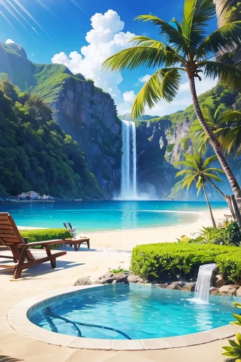 landscape,

masterpiece, best quality, ultra detailed, highres, 4K, 8k, extremely detailed CG,

resort beach,　waterfall,　resort hotel,　cottage,　Hawaii,　beach chair,　pool,　outdoors,　splash of water,　party venue,　juice,　cocktail,　jacuzzi,　Bath,　pine,　tropica...