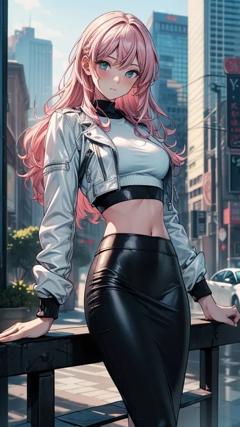 ((((masterpiece, best quality:1.8, high detail)))), beautiful woman, solo focus, long wavy hair, pink hair, white leather jacket and crop top, (black midi pencil skirt), ((long black skirt)), wide hips, cityscape, ((realistic)), ((realism)), ((ultra detail...