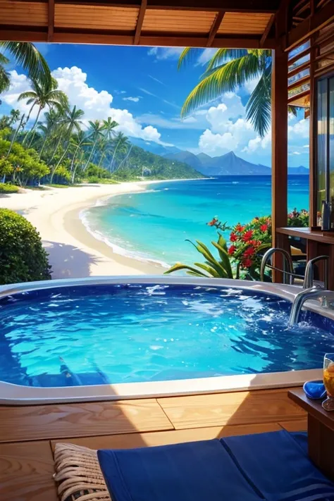 landscape,

masterpiece, best quality, ultra detailed, highres, 4K, 8k, extremely detailed CG,

resort beach,　waterfall,　resort hotel,　cottage,　Hawaii,　beach chair,　pool,　outdoors,　splash of water,　party venue,　juice,　cocktail,　jacuzzi,　Bath,　pine,　tropica...