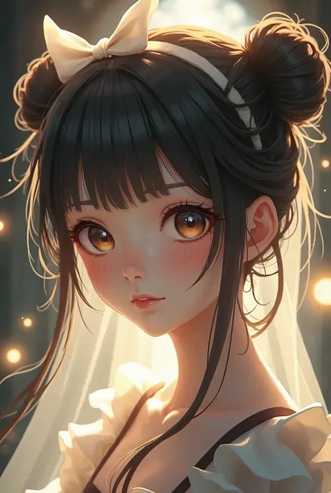 hair drilling, veiled hair, bun, long hair, medium length hair, bow hair band, heart shaped pupils, raised eyebrows, smile, pursed lips, Surrealism, renaissance, anime, style anime, Cinematic lighting, depth of field, rays of god, drop shadow, Fujicolor, v...