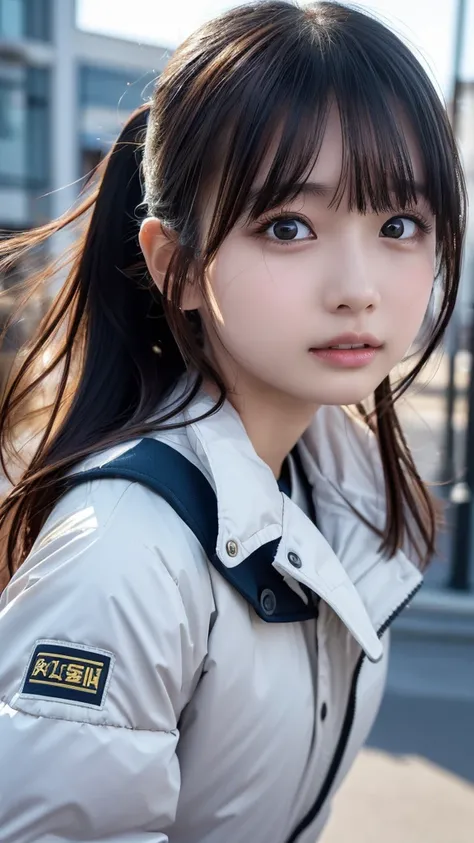 ((masterpiece, Best Quality, High resolution)), Japanese high school girl、(Realistic: 1.4), excited、Great face,Pointed Mouth、With a pout、Glossy wet lips、Age 15, ponytail、(Beautiful Hair:1.5), White puffer down jacket、Very short mini skirt、Beautiful body、Be...