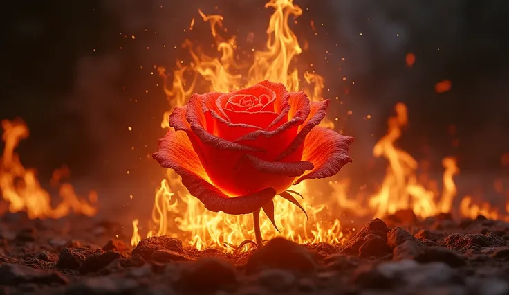  The image shows a rose on fire with flames consuming it. The rose appears to be in the process of burning, with the flames engulfing it