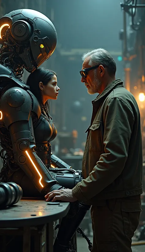 In a dimly lit, industrial cyberpunk robot factory, a beautifully detailed scene unfolds where a slender, 17-year-old girl, dressed in a sleek cyberpunk work suit with glowing sections, is seated inside the cockpit of a half-constructed, towering robot. Th...