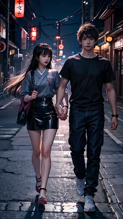 Create an image of a Teenage couple running hand in hand happily, sad, Japanese, 3D, ultra realistic, night, high detail