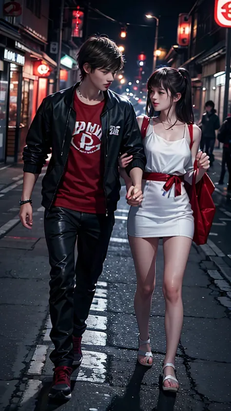 Create an image of a Teenage couple running hand in hand happily, sad, Japanese, 3D, ultra realistic, night, high detail