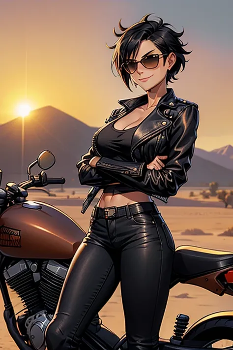 female, short messy black hair, aviator sunglasses, cigarette in mouth, black leather jacket, worn jeans, leather boots, huge chopper bike, desert landscape, sun above, bike gang, close up, huge breasts, defiant smile, leaning back, standing, legs crossed,...