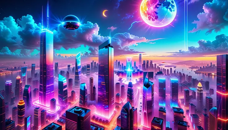 A Masterpiece In 32K Resolution, Supreme Quality, Super Detail, Official Art, Very High-Resolution 32K Wallpaper, Futuristic And Transcendent, Ultra-Detailed Features, Urban Dreamscape. Skyscrapers With Iridescent Surfaces Tower Above A Bustling City, Bath...