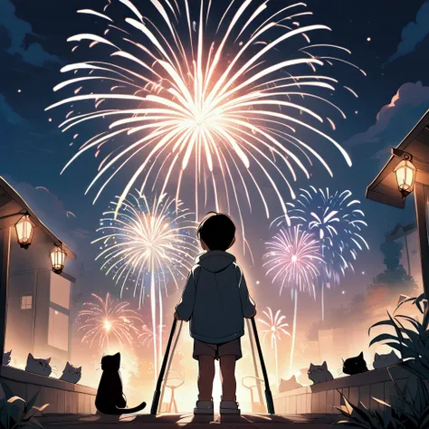 Boy with crutches，Watching fireworks with two kittens