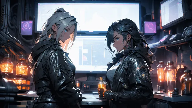 In a dimly lit, industrial cyberpunk robot factory, a beautifully detailed scene unfolds where a slender, 17-year-old girl, dressed in a sleek cyberpunk work suit with glowing sections, is seated inside the cockpit of a half-constructed, towering robot. Th...