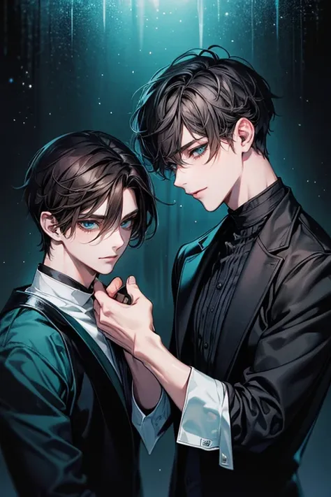 (masterpiece), (high resolution), (high quality), perfect face, beautiful face, (Two male, with both aqua eyes and dark hair), smile, cold Expression, dark room. In the dark room.