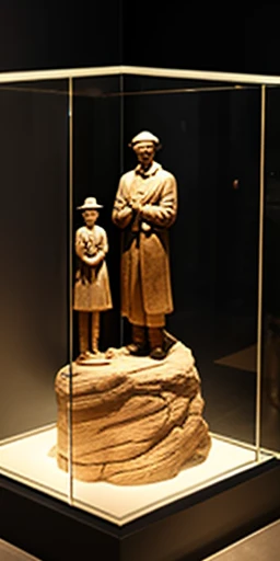 Clay sculptures placed in transparent glass display cases in museums