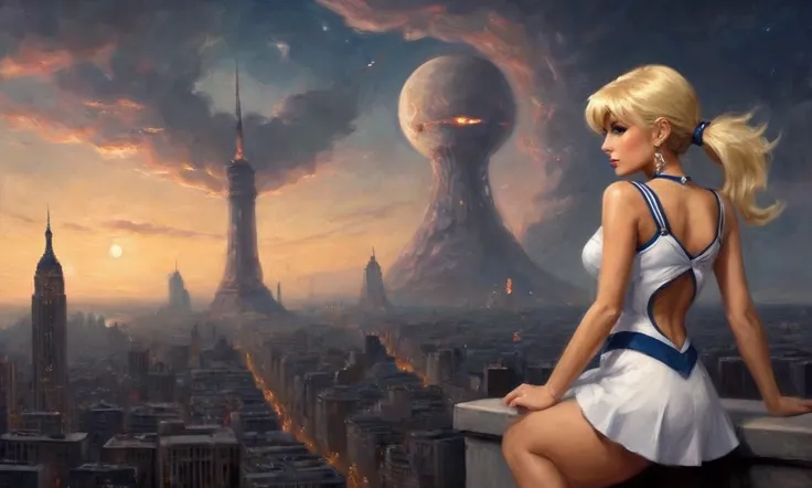 A petite girl (25 years old), Paris Hilton, in a sexy sailor scout outfit, giga busty with an amazing butt, performing dramatic and extremely sexually suggestive poses, calling upon her moon powers to combat a (eldritch horde of tentacle rape monsters emer...