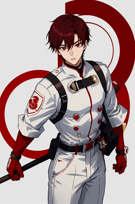 Japanese boys 20 years old tall, muscular, by black, Brown eyes, with white tactical pants with red details, a white long-sleeved shirt with a red circle on the chest, Red boots, red gloves, a white helmet with a red circle on the forehead, with a white ci...