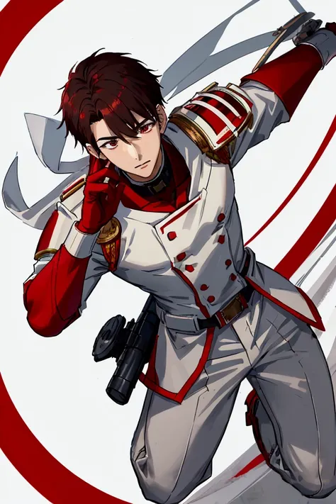 Japanese boys 20 years old tall, muscular, by black, Brown eyes, with white tactical pants with red details, a white long-sleeved shirt with a red circle on the chest, Red boots, red gloves, a white helmet with a red circle on the forehead, with a white ci...