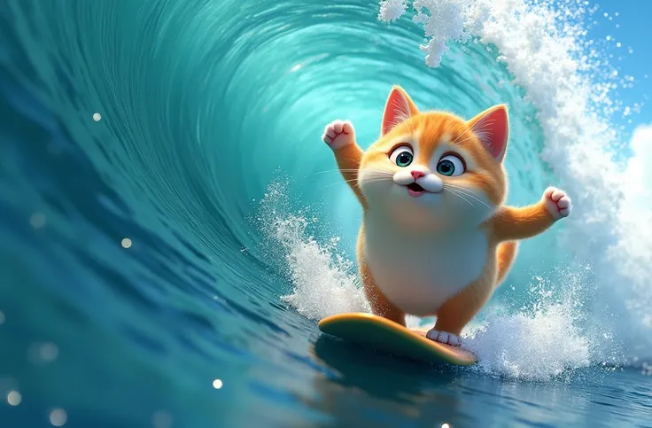 A 3D animated scene in the style of a Pixar-like cute character, capturing the playful and thrilling moment when an adorably chubby, short-legged cat surfs on a big ocean wave. The cat is round and plush, with soft, fluffy fur, large sparkling eyes, and ti...