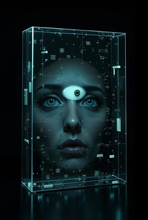 Make a glass screen with countless other smaller screens and a giant human eye behind them looking at the camera, black background, surreal image, cyberpunk