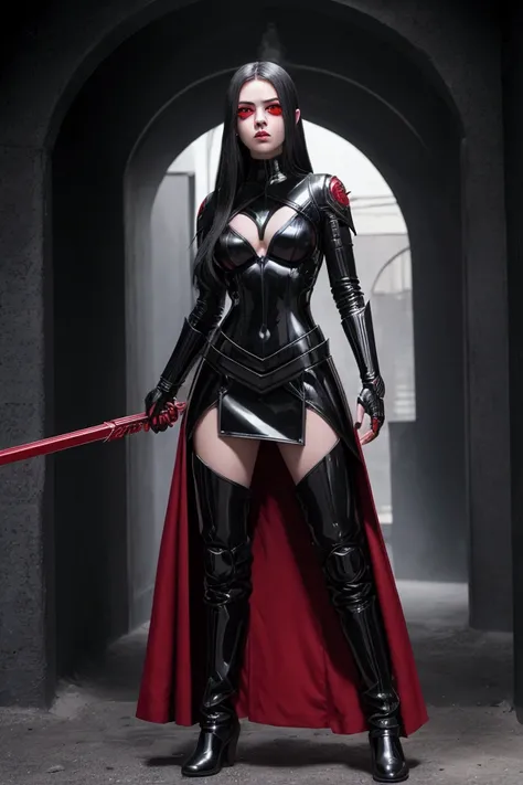 Teen girl(1.6) , super villain , red eyes, detaleid face, x23, black hair, beautiful, sexy, killer,full body, background in sweden
