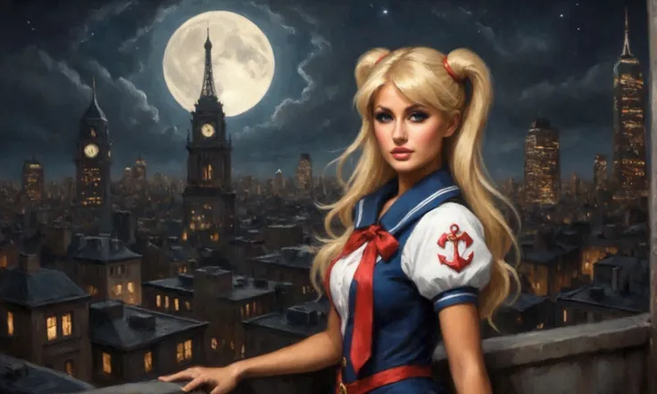 A petite girl (25 years old), Paris Hilton, in a sexy sailor scout outfit, giga busty with an amazing butt, performing dramatic and extremely sexually suggestive poses, calling upon her moon powers to combat a (eldritch horde of tentacle rape monsters emer...