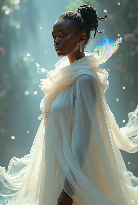 Une femme noire en robe blanche avec une longue écharpe irisée , Belles photos de femmes, belle impératrice de fantasy, Jan J, style of art gelm, art gelm and ruan jia, extremely detailed art gelm, trending art gelm, art gelm.  ruan jia and art gelm, Inspi...