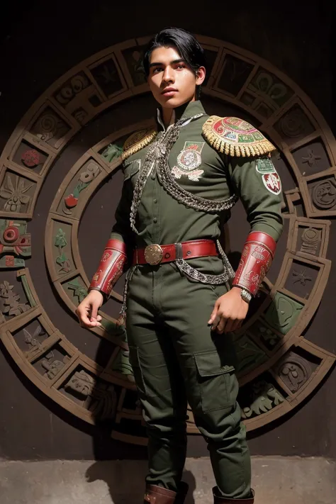 20 year old tall Mexican boy, muscular black hair, Brown eyes, with green tactical pants, a white long-sleeved shirt with the Mexican national emblem on the chest, Red boots, red gloves, a red helmet, with a green circular shield, White and red with detail...