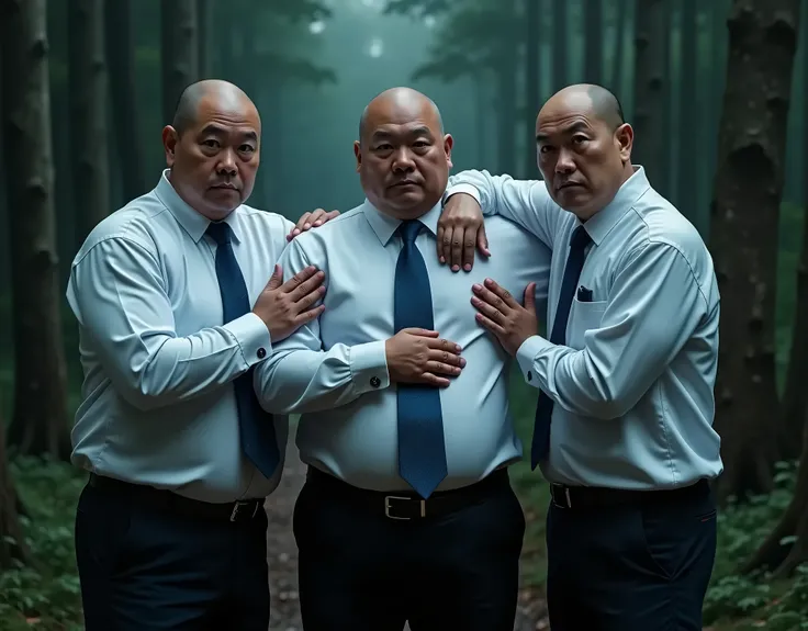 Best quality, Face Focus, Ultra-high resolution, (Reality:1.4), RAW photo, Three Chinese round-faced fat men in suits，Baldhead，Lips tightly closed，Blue tie、Tight white shirt、Groin bulge、Tucked shirt into pants，Serious expression，Facing the camera，forest，Ni...