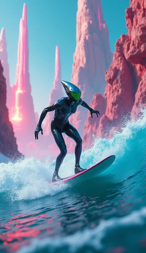 surfing with the alien, a futuristic sci-fi landscape, alien surfer,stunning colorful alien planet, vibrant neon colors, dynamic motion blur, surreal atmosphere, dramatic lighting, intricate details, 8k, photorealistic, concept art, digital painting