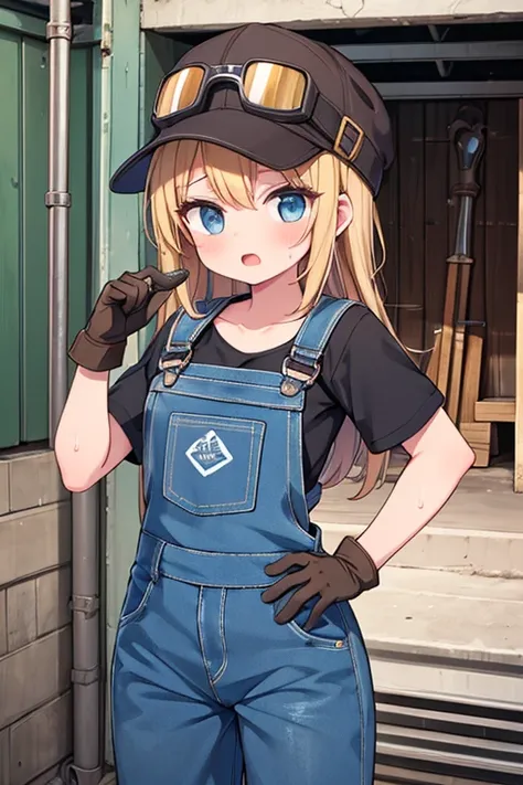 (High resolution, Anatomically correct, Textured skin, high quality), One girl, He has goggles on his hat, Overalls,Spanner in hand,garage,sweat,gloves,Open your mouth a little, 