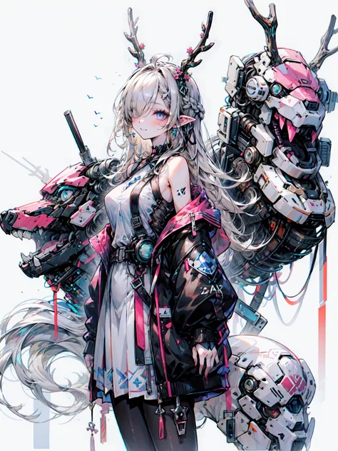 Deer ears, Branch horn, Mechanic, Mechanic body, Bull, Blue Theme,, ultra detailed, masterpiece, Best Quality, Midea, detailed,, Alone, Soft Smile, 軽いsmile,
One girl, blue eyes, 非常Long Hairの毛, Blonde, long Blonde, french braid, bangs, Medium Breast,, hair ...