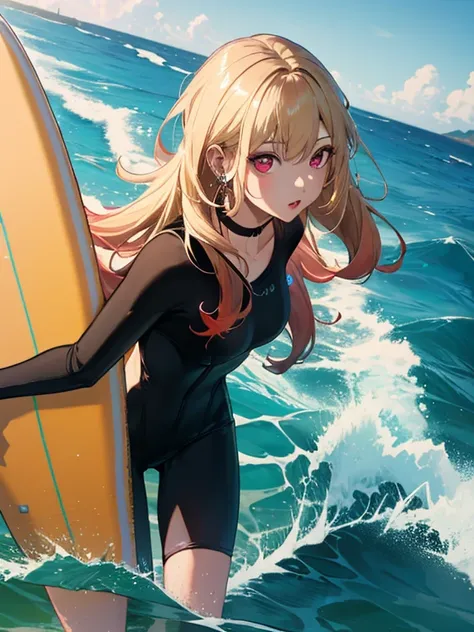 Surfing, 海, 波に乗る, サーフィン, masterpiece, highest quality, kitagawa marin, 1girl, blonde hair, long hair, multicolored hair, red eyes, jewelry, earrings, piercing, black choker, UHD, retina, masterpiece, accurate, anatomically correct, textured skin, super det...