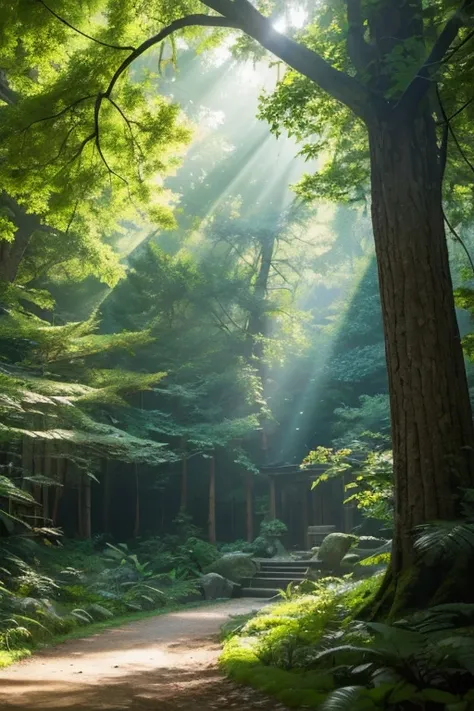 "Describe a serene landscape where gentle breezes dance through tall trees, with sunlight streaming down and creating a mosaic of light and shadow on the forest floor. Explore how this beautiful setting evokes feelings of peace and connection with nature."