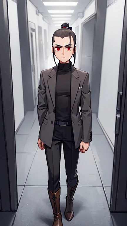 (DETAILED), (((normal boy))), ((grey wool jacket)), ((pelo negro rizado ponytail hairstyle)), ((ponytail hairstyle)), (calm face), ((brown boots)), (((whole body))), ((cyberpunk maze)), ((male)), (white turtleneck sweater), ((Only one person)), ((Eyes glow...